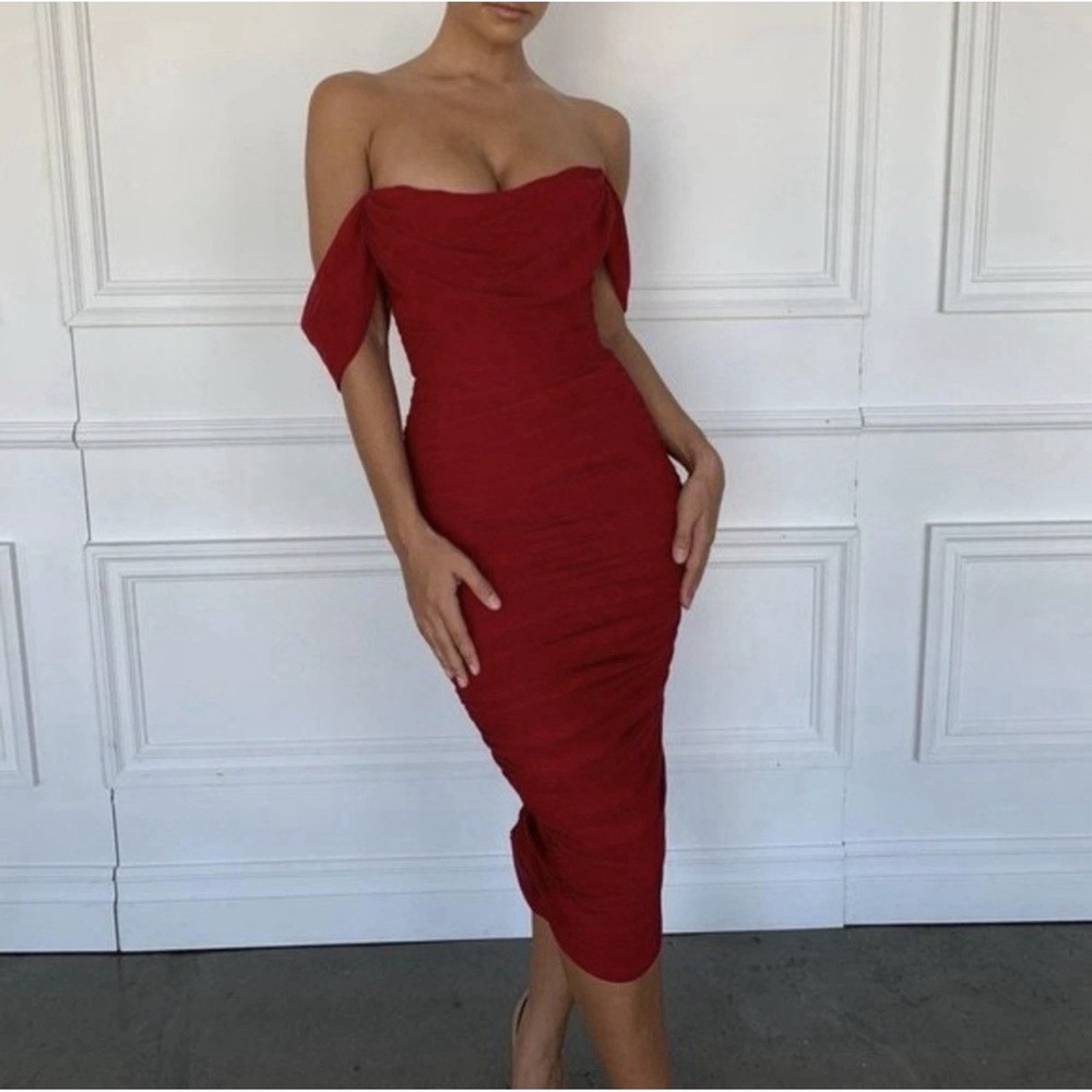 House‎ of CB Carlotta Wine Ruched Chiffon Bodycon Off Shoulder Dress S SB4263